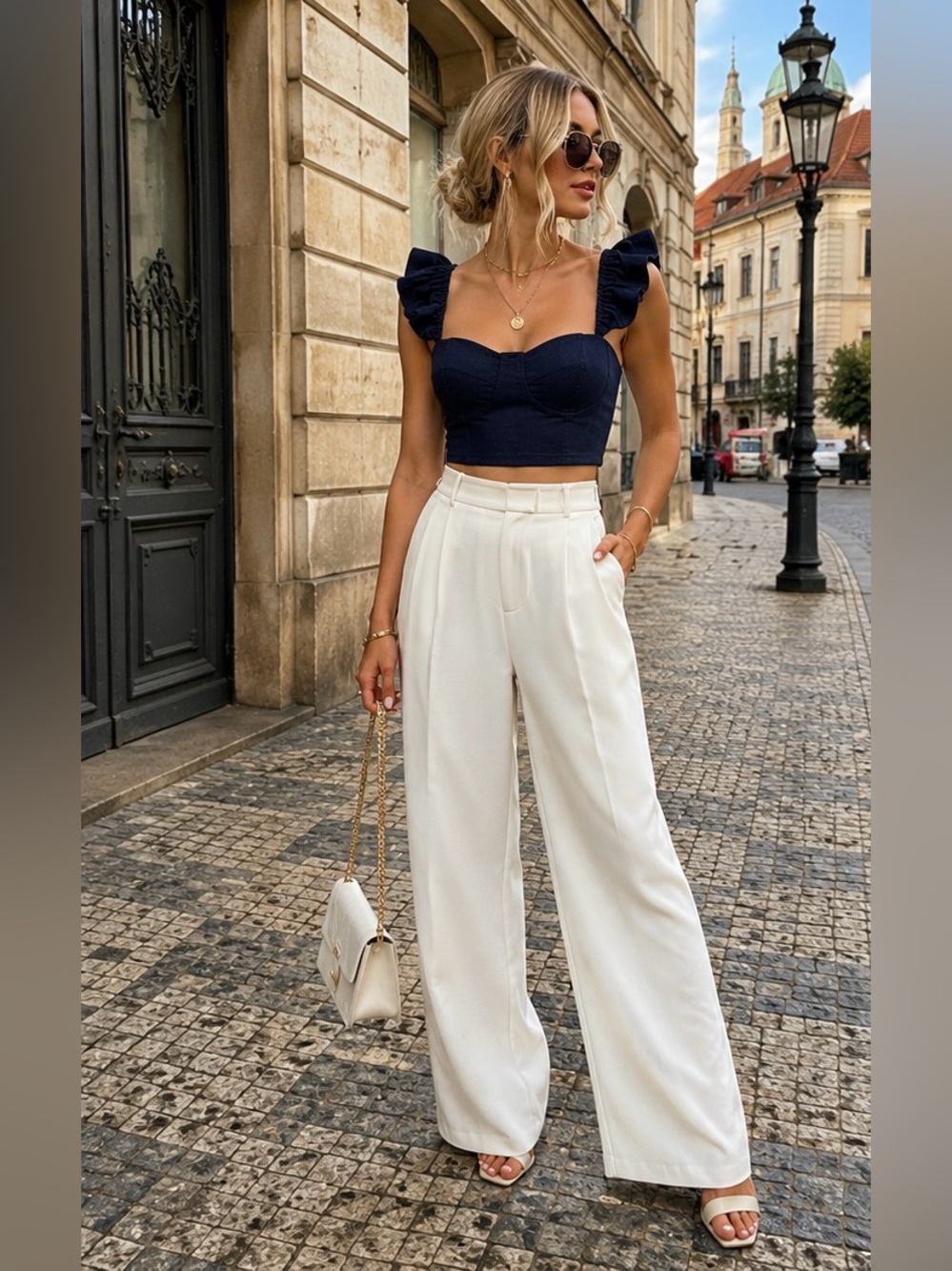 Misa Los Angeles Miya Ruffle-Sleeve Crop Top in Navy - NWT